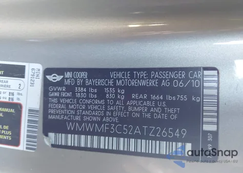 2010 Mini Cooper from USA, damaged, VIN WMWMF3C52ATZ26549